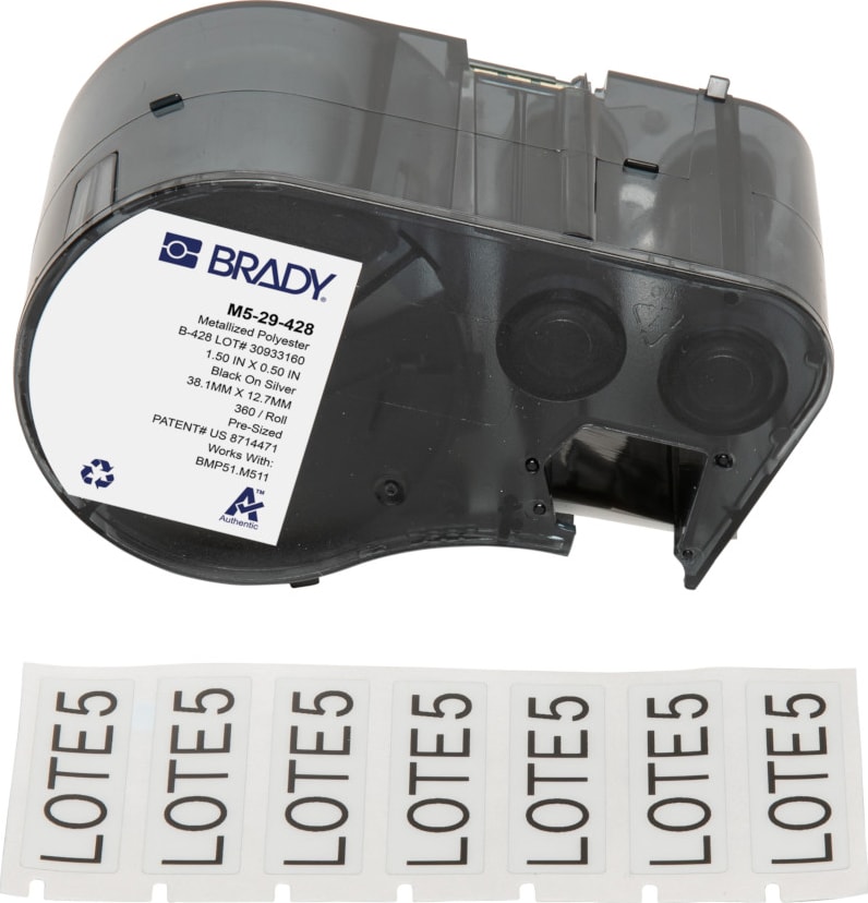 Brady M5-29-428 - Polyester Labels, Metallized, Matte, for M5 Printers, .5' H x 1.5' W, Black on Gray