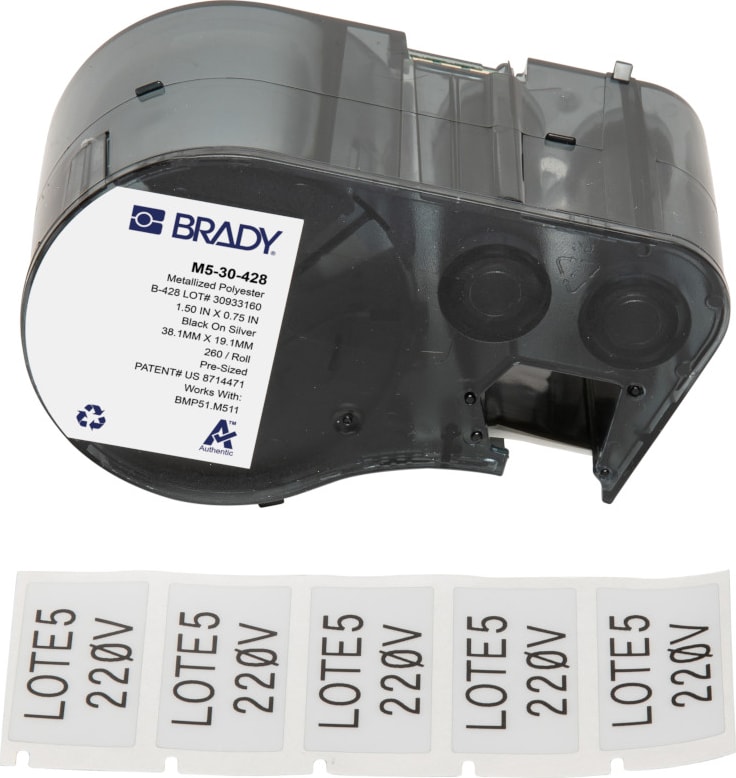 Brady M5-30-428 - Polyester Labels, Metallized, Matte, M5 Printers, .75' H x 1.5' W, Black on Gray