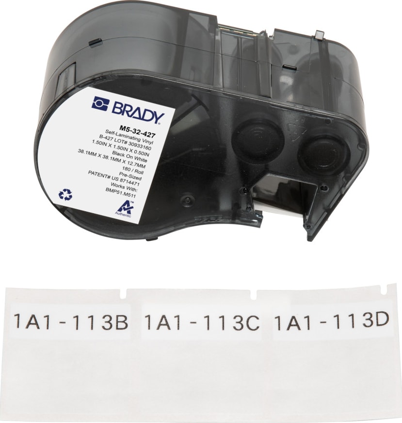 Brady M5-32-427 - Vinyl Labels, Wrap Around, for M5 Printers, 1.5' H x 1.5' W, Black on White