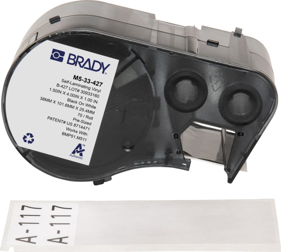 Brady M5-33-427 - Vinyl Labels, Wrap Around, for M5 Printers, 4' H x 1.5' W, Black on White