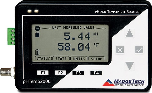 pH and temperature data logger with an LCD and wall mounted universal power adapter