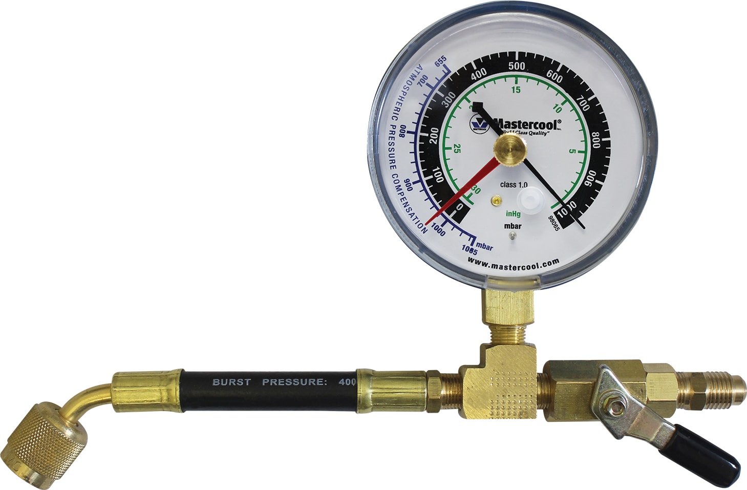 Mastercool 98067-R - Analog Vacuum Gauge with Control Valve 1/4' Flare Female x 1/4' Flare Male