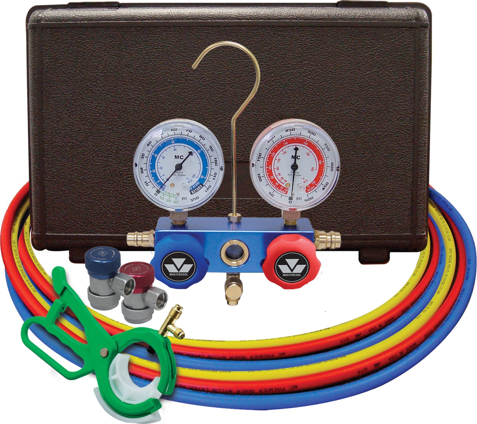 Mastercool 98661-PRO - Dual R134a/R12 2-Way Manifold Gauge Set With 3-In-1 Side Mount Can Tap Valve