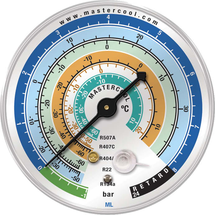 Mastercool ML - 63 MM Gauge R134a, R404A, R407C, R507A, R22 Refrigerant Scale / BAR/°C / 1.6 Gauge Class (Low Side)