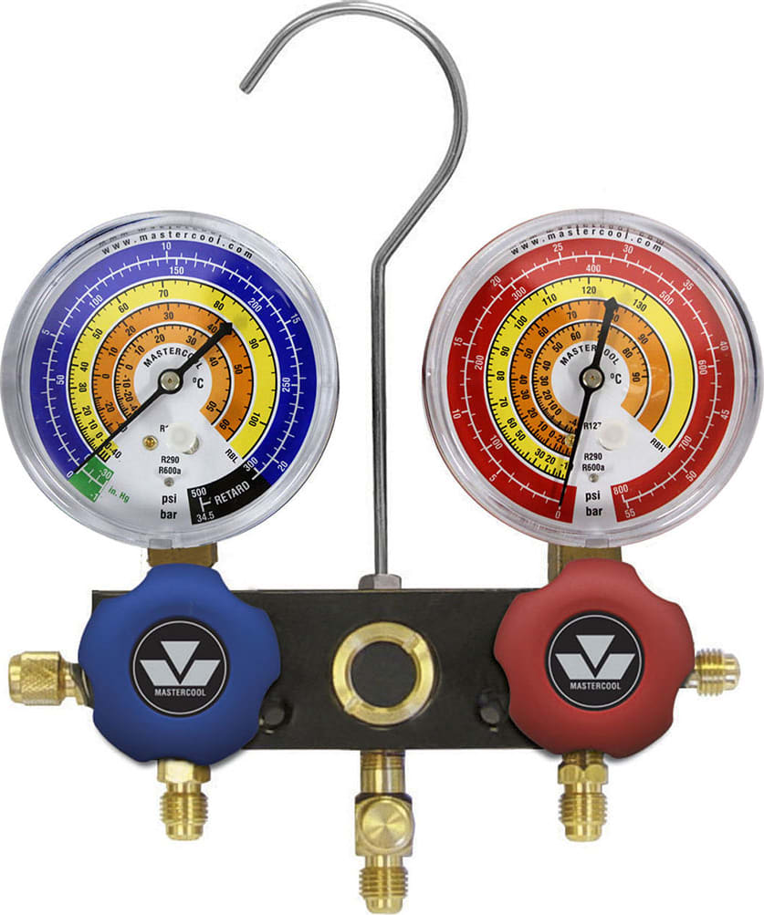 Mastercool 93103-RB - 2-Way Aluminum Manifold Gauge Set, Central tee 1/4' SAE