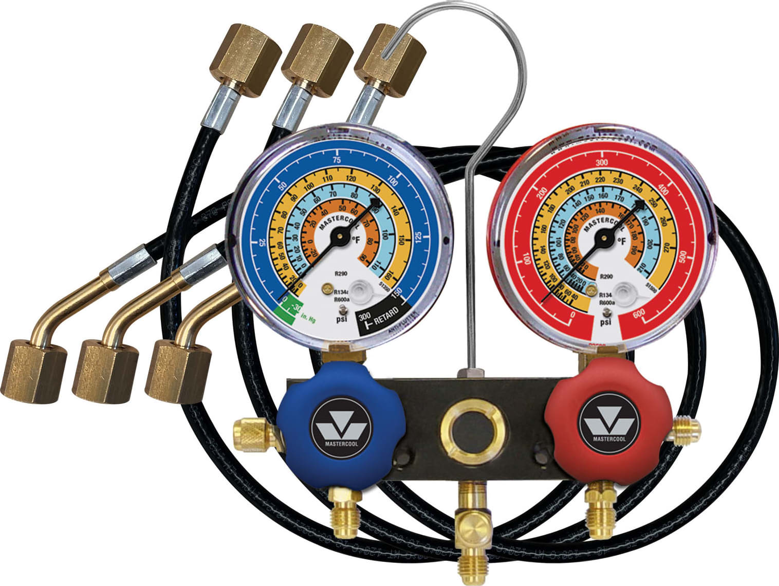 Mastercool 93524-TP - R600a, R290 & R134a 2-Way Aluminum Manifold Gauge Set with (x3) 24-inch Thermoplastic Capillary Hoses