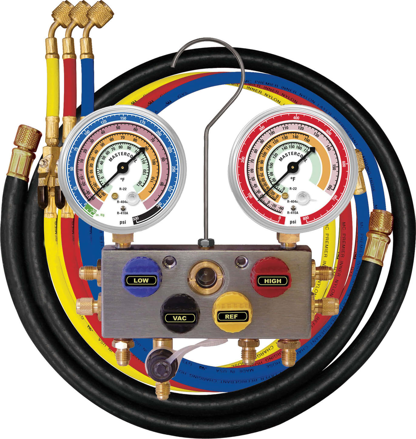 Mastercool 96272 - R410A, R22, R404A 4-Way Aluminum 2 1/2-Inch Manifold Gauge Set - 72-Inch Hoses