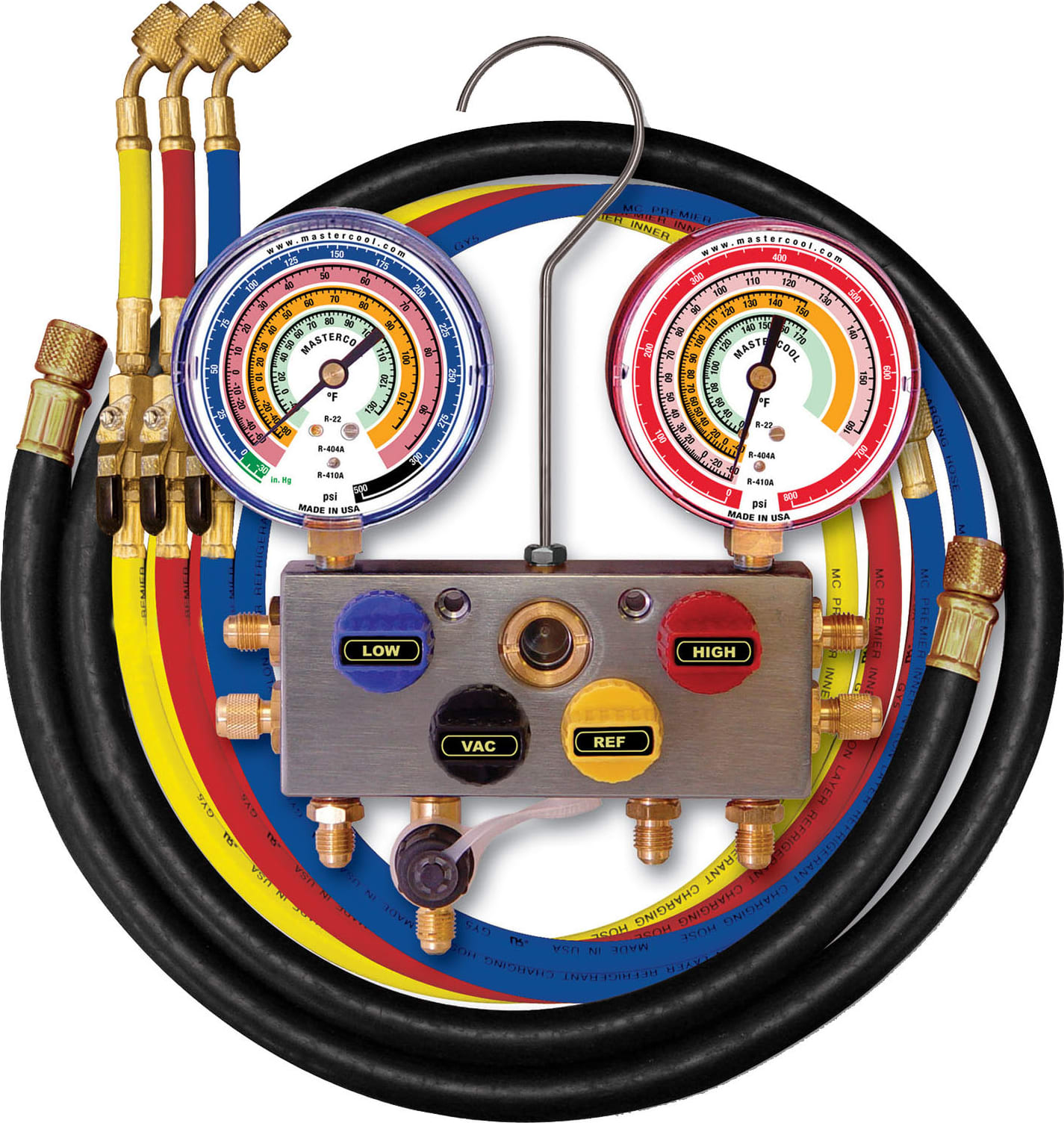 Mastercool 96372 - R410A, R22, R404A 4-Way Aluminum Manifold 3 1/8-Inch Gauge Set - 72-Inch Hoses
