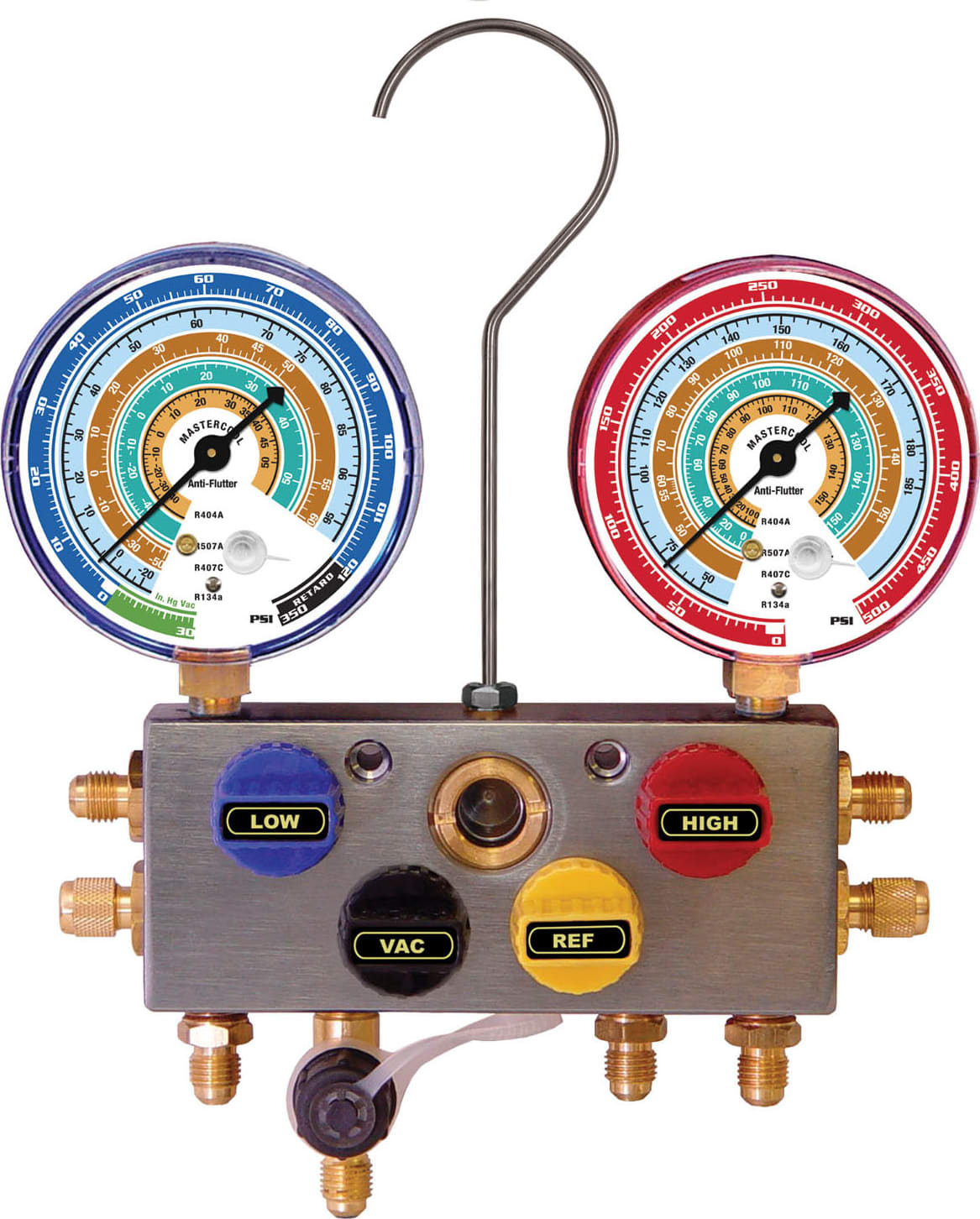 Mastercool 96503 - R404A, R407A, R507A, R134a 4-Way Manifolds with 3 1/8-Inch Gauges