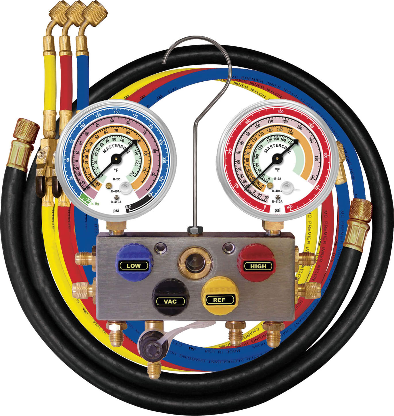 Mastercool 96572 - R410A, R22, R404A 4-Way Aluminum Manifold 3 1/8-Inch Gauge Set - 72-Inch Hoses
