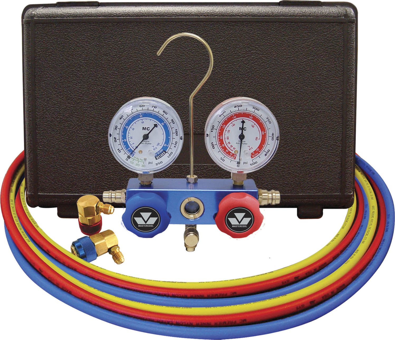 Mastercool 98660 - R134a, R12 2-Way Manifold 2 1/2-Inch Gauge Set - 60-Inch Hoses and Professional Couplers