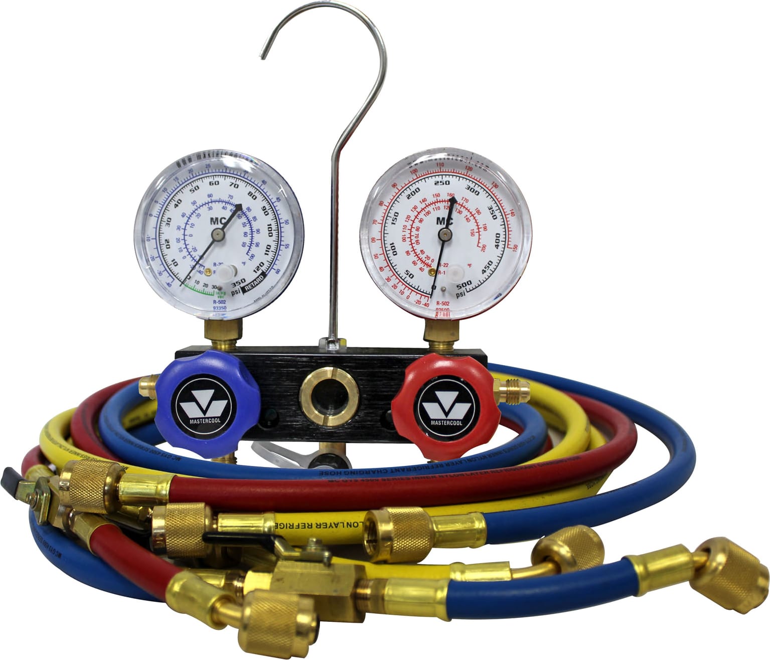 Mastercool 92772 - R12, R22, R502 2-Way Aluminum Manifold Gauge Set, 2 1/2″ Gauges, 3 - 72″ Nylon Barrier Hoses