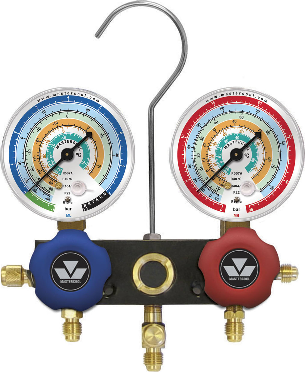 Mastercool 93103-MG - Aluminum Block Metric Manifold Set w/63mm Gauge Sight Glass and Anti-Flutter Gauges w/Gauge Guards