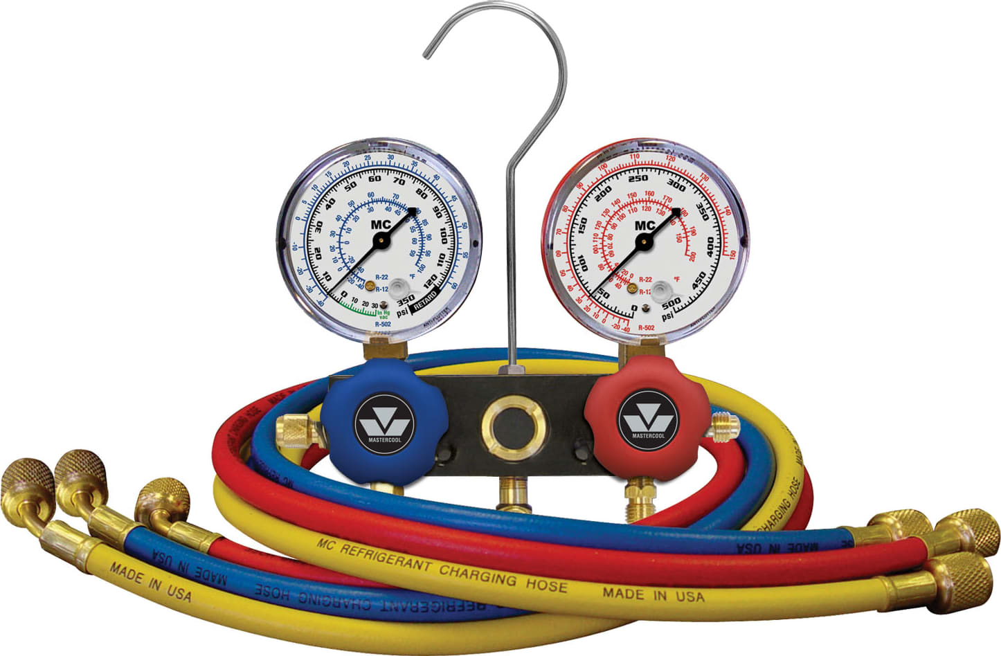 Mastercool 93661-MG - Aluminum Block Metric Manifold Set w/63mm Gauge, 3-152cm Hoses w/Gauge Guards