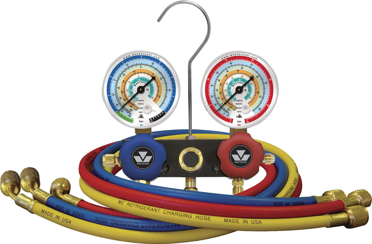 Mastercool 93772-M - Aluminum Block Metric Manifold Set w/63mm Gauge, 3-183cm Hoses