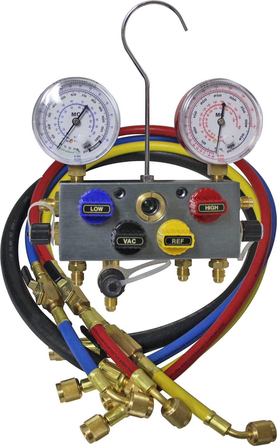 Mastercool 96472-A - 4-Way 3/8' B/V Manifold w/3-1/4' Hoses w/Manual B/V 4-72' Hoses/Gauge Size 2 1/2'