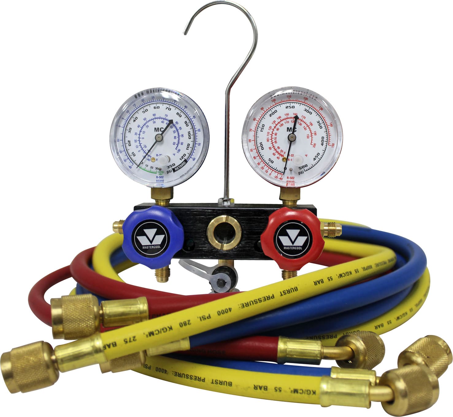 Mastercool 96772 - R12, R22, R502 2-Way Aluminum Manifold Gauge Set, 2 1/2″ Gauges, 3 - 72″ Nylon Barrier Hoses