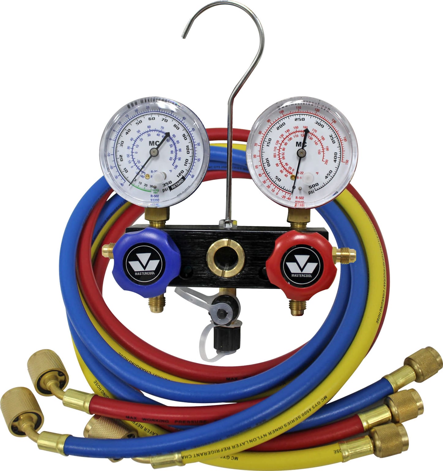 Mastercool 97772 - R12, R22, R502 2-Way Aluminum Manifold Gauge Set, 2 1/2″ Gauges, 3 - 72″ Nylon Barrier Hoses