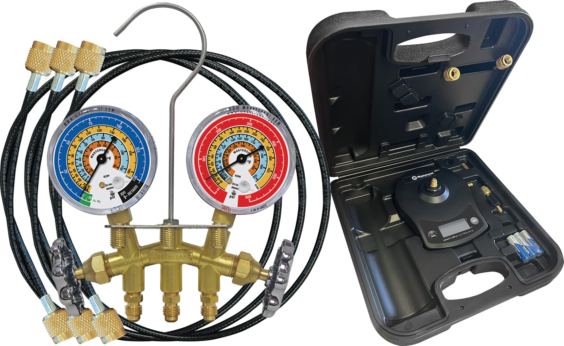 Mastercool 98202-A KIT 2 - Package with 33524-TP Brass 2-Way Manifold and 98202-A Refrigerant Scale