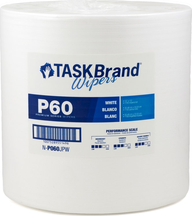 High-Tech Conversions N-P060JPW - TaskBrand P60 Premium Series Hydrospun Wipers, Medium Duty, 12'x13', 1100/Roll, Poly-No Box