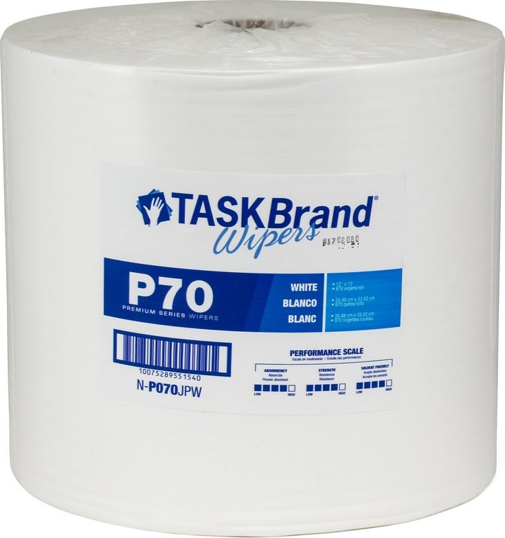 High-Tech Conversions N-P070JPW - TaskBrand P70 Premium Series Hydrospun Wiper, Heavy Duty, 12'x13', 870/Roll, Poly-No Box Each