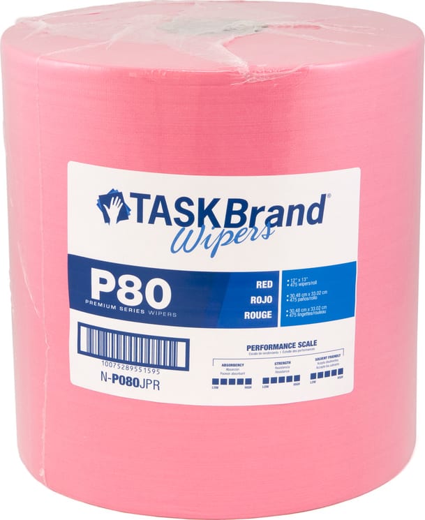 High-Tech Conversions N-P080JPR - TaskBrand P80 Premium Series Hydrospun Wiper, Red, 12'x13', 475/Roll, Poly - No Box, Each