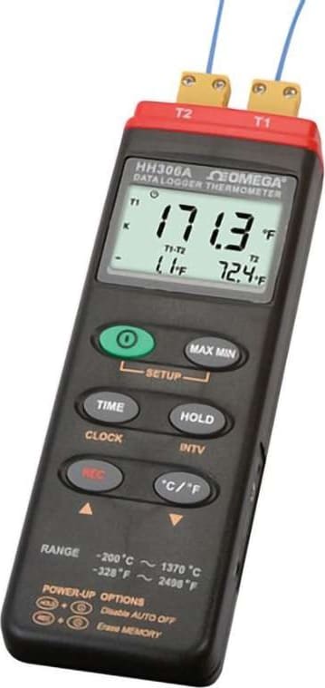 Omega Engineering HH306A - Thermocouple Datalogger, 2-CH, Handheld, Temperature, K, 16k Max Samples, 3-1/2 Digit LCD, 9 V Battery, USB, RS232, Min/Max/Hold Functions, Auto Power-Off, HH300-303 Series