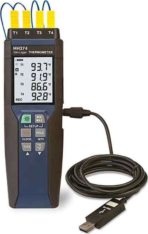 Omega Engineering HH374 - Thermocouple Datalogger, 4-CH, Handheld, Temperature, K, 16k Max Samples, 3-1/2 Digit LCD, 9 V Battery, USB, Min/Max/Avg/Hold Functions, Auto Power-Off, HH374 Series