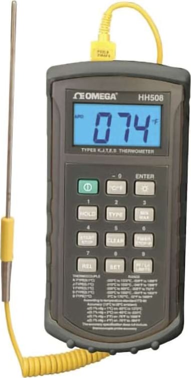 Omega Engineering HH508 - Handheld Digital Thermometer, K, J, T, E & S-type, 9 V, Miniature Connector, 1-CH, +/- (0.1 % rdg + 1 C), -210 C, 1767 C