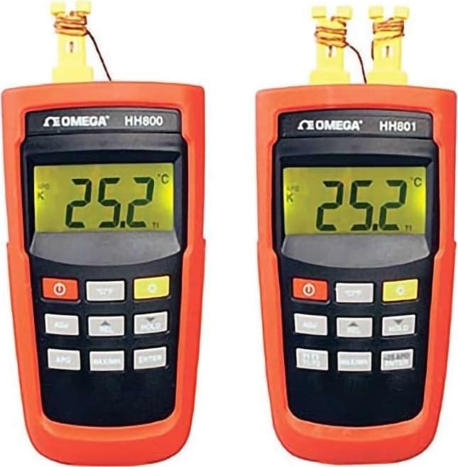 Omega Engineering HH801B - Handheld Digital Thermometer, 6 V (4 AAA), Miniature Connector, 2-CH, +/- (0.1 % rdg + 1 C), -200 C to 1372 C K, -210 C to 1050 C J, -200 C to 400 C T, 790 C to 790 C E, HH800 Series