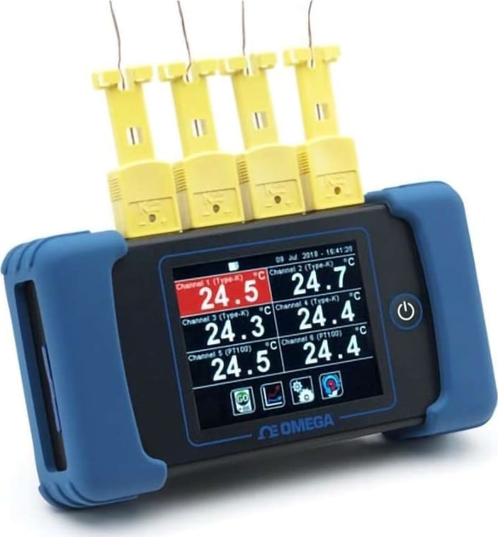 Omega Engineering RDXL6SD-USB - Data Logger Thermometer, Handheld, Temperature, 6 Measurements, TC, RTD, 32 GB SD Card Max Samples, LCD Display, Battery, AC Power Adapter, USB, 1 s, RDXL6SD-USB Series