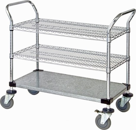 Quantum Storage Systems WRC-1836-3CG - 3-Shelf Mobile Utility Cart, 2-Chrome Wire Shelves & 1-Solid Galvanized Shelf, 18'W x 36'L x 37-1/2'H