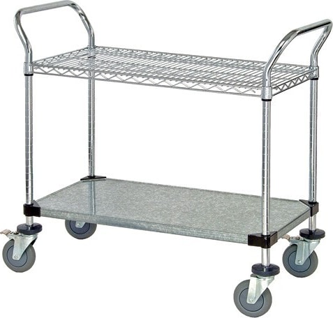 Quantum Storage Systems WRC-2436-2CG - 2-Shelf Mobile Utility Cart, Chrome Wire Shelf & Solid Galvanized Shelf, 24'W x 36'L x 37-1/2'H