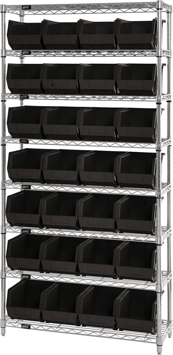 Quantum Storage Systems WR8-240BK - Wire Shelving w/28 Bins, Black, 14'W x 36'L x 74'H