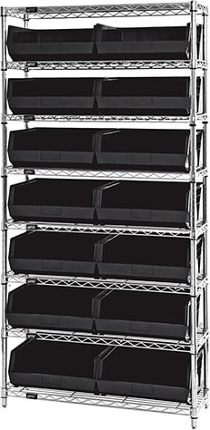 Quantum Storage Systems WR8-250BK - Wire Shelving w/14 Bins, Black, 14'W x 36'L x 74'H