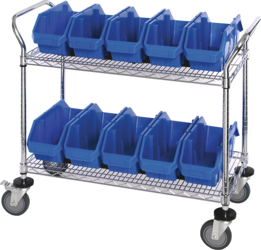Quantum Storage Systems WRC2-1836-1867BL - QuickPick Bin Mobile Wire Cart w/ 10 Blue Bins, 2 Shelves, 18'W x 18.5'L x 38'H