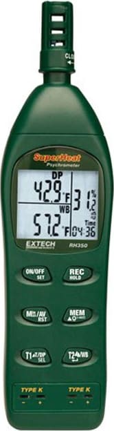 Extech RH350 Psychrometer - Style (Psychrometer): Hand Held, Accuracy: ±3% RHinternal: ±1.8°F or ±1°Cexternal: ±0.3% or ±1.8°F/±1°C, Measurement Types (Psychrometer): Temperature T/C