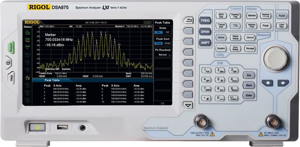 Rigol DSA875-TG Spectrum Analyzers - Bandwidth Range Max: 7.5 Ghz, Bandwith Range Min: 9 kHz, Noise Floor: 161 dB