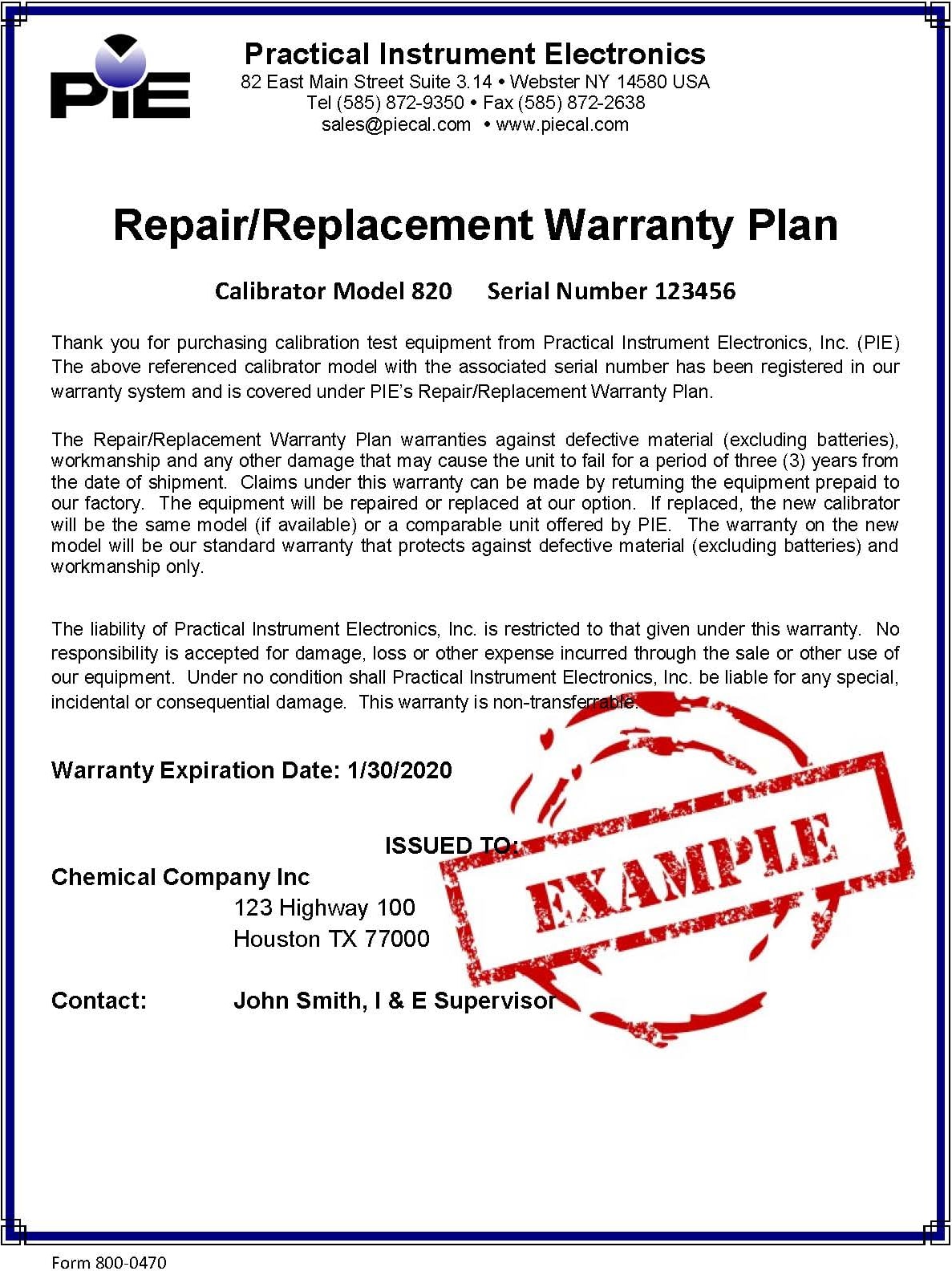 PIE RP-WAR-A 3 Year Repair/Replacement Warranty