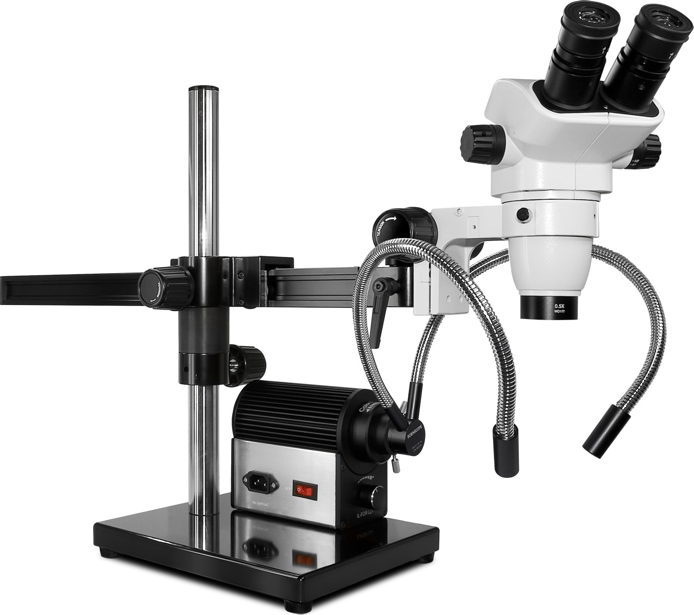 Scienscope CMO-PK5-DPL-S E-Series 20° Inclination Head on 'Single Arm Boom Stand' with Fiber Optic Dual Pipe Light