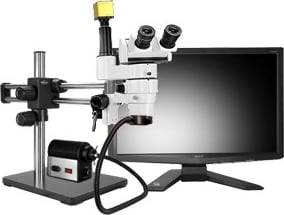 Scienscope CMO-PK7-AN-D E-Series 20° Fixed Binocular Head on Dual Arm Boom Stand w/ HD camera & Fiber Optic Ring Light