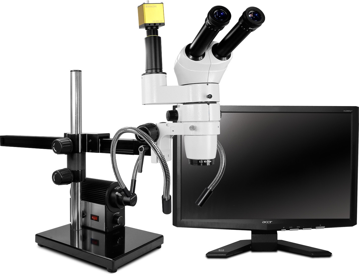 Scienscope CMO-PK7-DPL Binocular Head Microscope System, Gliding Arm Boom Stand, Fiber Optic Dual Pipe Light.