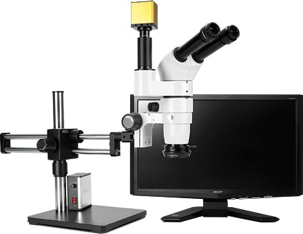 Scienscope CMO-PK7-FR-D E-Series 20° Inclination Head on Dual Arm Boom Stand w/ HD camera & Fluorescent Ring Light