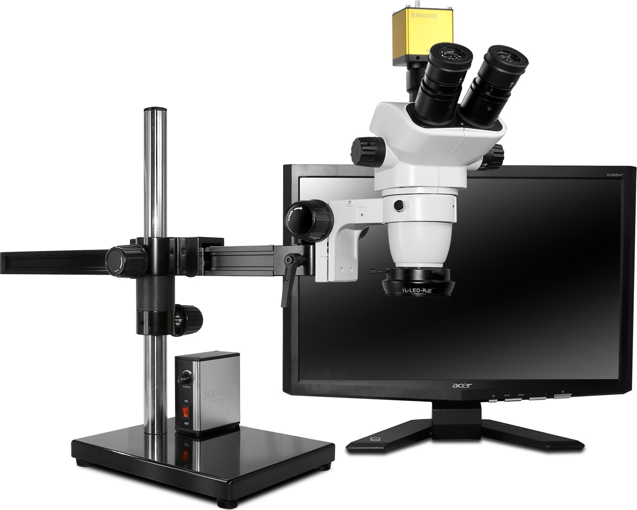 Scienscope CMO-PK7-LED-S E-Series 20° Inclination Head on Single Arm Boom Stand w/ HD camera & LED Ring Light