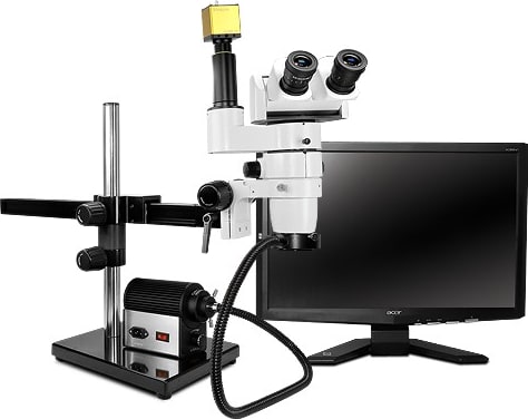 Scienscope CMO-PK7E-AN-S E-Series 0°-45° Tilting Head on Single Arm Boom Stand w/ HD camera & Fiber Optic Ring Light