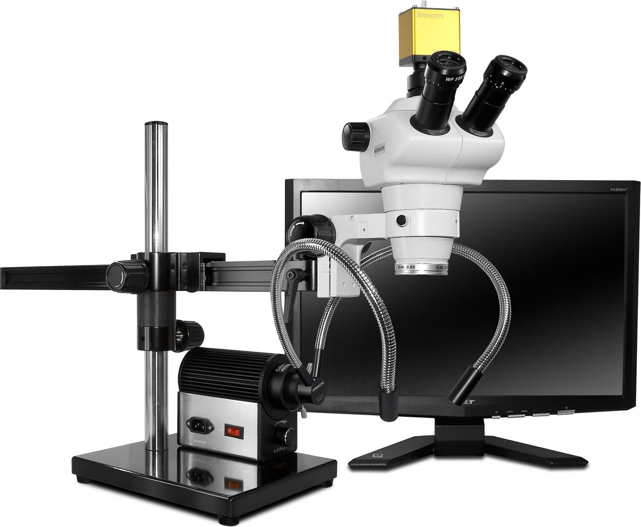 Scienscope CMO-PK7E-DPL-S E-Series 0°-45° Tilting Head on Single Arm Boom Stand w/ HD camera & Fiber Optic Dual Pipe Light