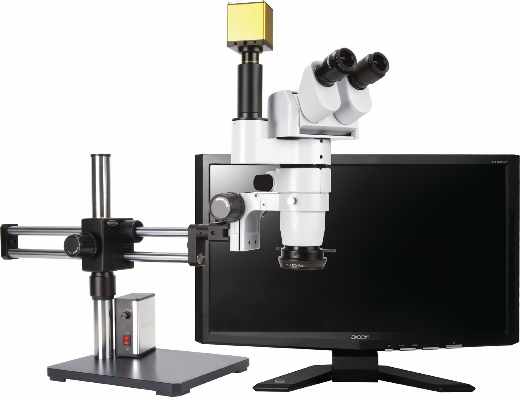 Scienscope CMO-PK7E-LED-D E-Series 0°-45° Tilting Head on Dual Arm Boom Stand w/ HD camera & LED Ring Light