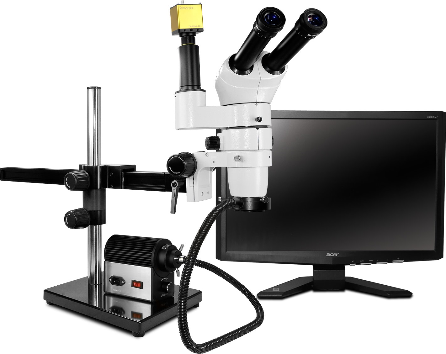 Scienscope CMO-PK7-DPL-D E-Series 20° Inclination Head on Dual Arm Boom Stand w/ HD camera & Fiber Optic Dual Pipe Light.