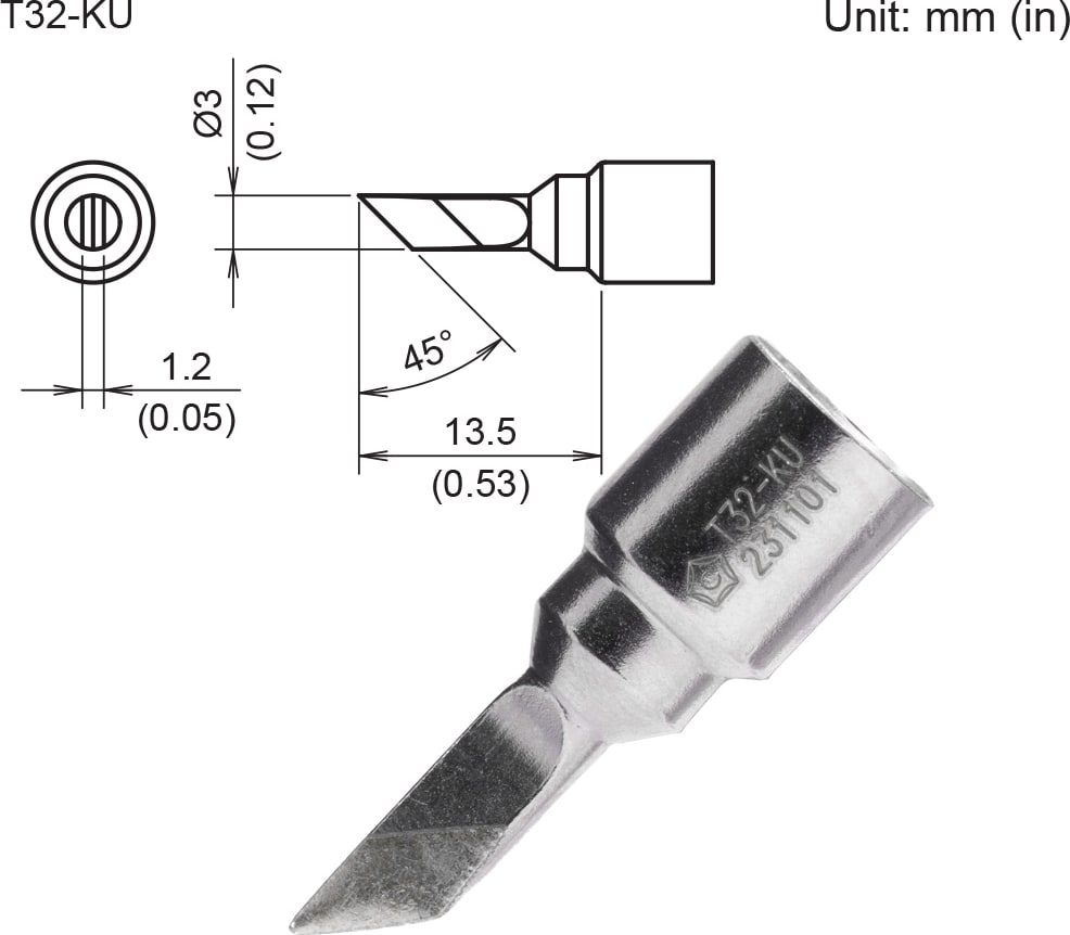 Hakko T32-KU - T32 Series Soldering Tip (Knife, 3mm/45° X 13.5mm)