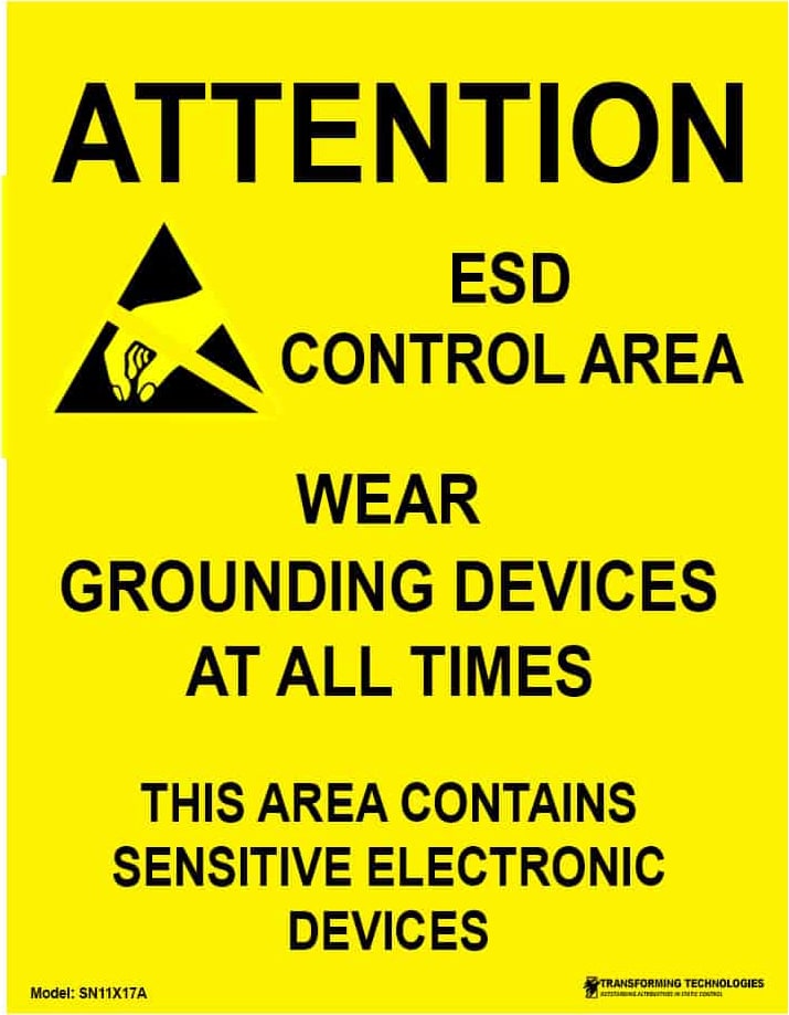 Transforming Technologies SN11X17A - ESD Sign 17″x22″ Attention ESD Control Area Pack of 5, Yellow